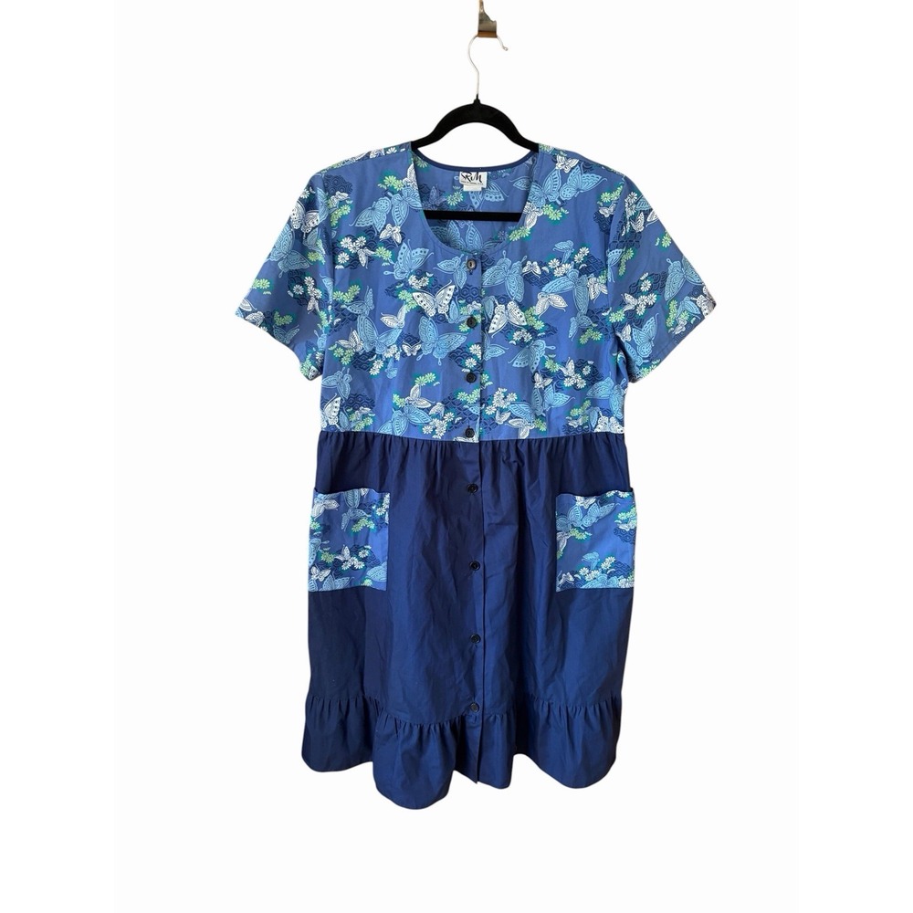 RM Dress Womens L Blue Floral Butterfly Hawaiian Asian Print Made In Hawaii Vtg